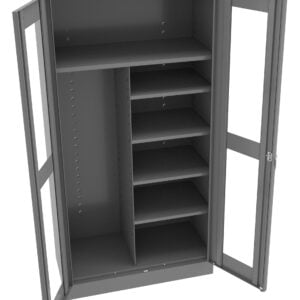 A gray metal storage cabinet with two glass doors, showcasing adjustable shelves on the right side and a spacious compartment with a single shelf on the left. The doors are open, revealing the interior.