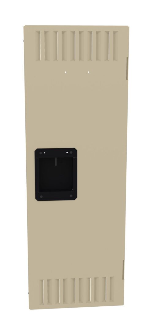 A beige metal door with vertical vent slits at the top and bottom. A black rectangular handle is centered on the door.