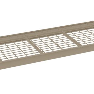 A beige, rectangular wire mesh shelf with a solid border, viewed from an angle. The shelf has a grid pattern on the surface and is designed for mounting or storage purposes.