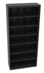 Black shelving unit with seven rows, each divided into four vertical compartments. The shelves have a solid back and are designed for organizing or storing items. The unit is empty and stands against a plain background.