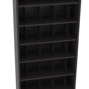 Black shelving unit with seven rows, each divided into four vertical compartments. The shelves have a solid back and are designed for organizing or storing items. The unit is empty and stands against a plain background.