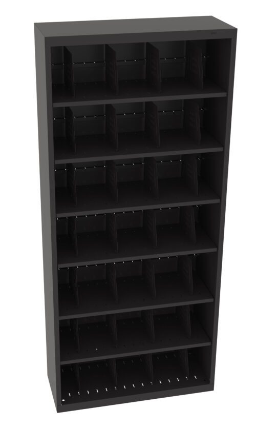 ricf2skngm0ggpijyrnn.jpg Black shelving unit with seven rows, each divided into four vertical compartments. The shelves have a solid back and are designed for organizing or storing items. The unit is empty and stands against a plain background.