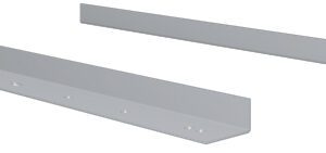 Two L-shaped metal brackets are displayed against a white background. Each bracket has a flat base and a vertical section with small holes for mounting. The brackets are positioned parallel to each other, with one slightly closer to the viewer.