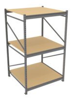A metal shelving unit with three beige wooden shelves, supported by a gray steel frame. Each shelf is flat and spacious, providing ample storage space. The structure is simple and industrial-looking, suitable for a workshop or garage.