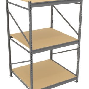A metal shelving unit with three beige wooden shelves, supported by a gray steel frame. Each shelf is flat and spacious, providing ample storage space. The structure is simple and industrial-looking, suitable for a workshop or garage.