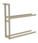 A beige, metal shelving bracket with a vertical support and two horizontal arms extending to the right. The design has holes for adjustable shelving. The structure is isolated on a white background.