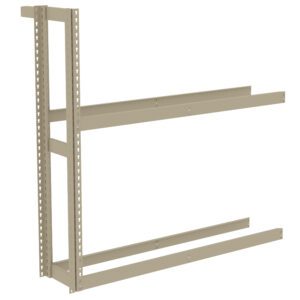 A beige, metal shelving bracket with a vertical support and two horizontal arms extending to the right. The design has holes for adjustable shelving. The structure is isolated on a white background.