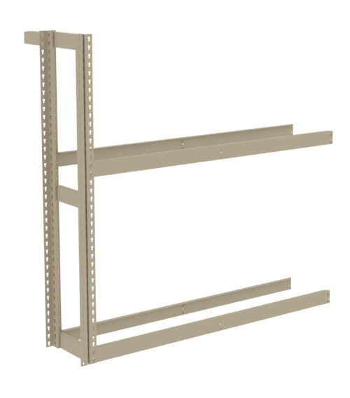 A beige, metal shelving bracket with a vertical support and two horizontal arms extending to the right. The design has holes for adjustable shelving. The structure is isolated on a white background.