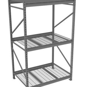 A metal storage rack with three wire-mesh shelves and a solid top shelf. The frame has vertical and horizontal support bars, suitable for heavy-duty storage. The structure is gray and industrial in design.