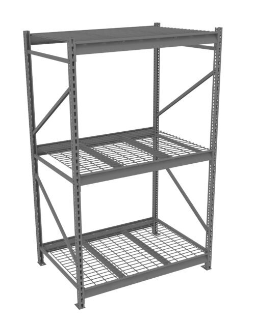 A metal storage rack with three wire-mesh shelves and a solid top shelf. The frame has vertical and horizontal support bars, suitable for heavy-duty storage. The structure is gray and industrial in design.