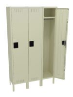 A beige metal locker with three compartments is shown. The middle compartment is open, revealing a hanging rod and an empty space. The other two compartments are closed. The locker stands on short legs.