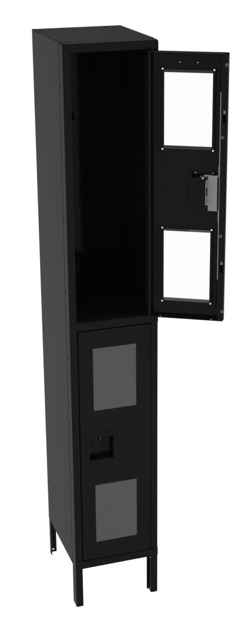 Tall, black metal locker with two compartments. The upper compartment door is open, showing an empty interior. The lower compartment is closed, and both doors have mesh panels. Each door has a lock mechanism. The locker stands on four small legs.