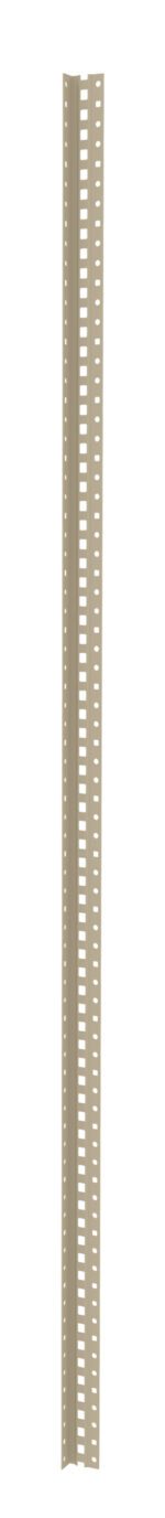 Vertical, beige metal angle iron with evenly spaced rectangular holes along its length, used for structural support or mounting.