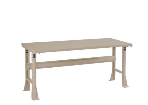 A beige, industrial-style metal workbench with adjustable legs and a sturdy design. The table has a smooth rectangular top and a support bar underneath, set against a plain white background.