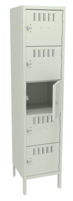 A tall, light gray metal locker with four compartments stacked vertically. The second compartment from the top is open, revealing an empty interior. The locker has vents and keyholes on each door.