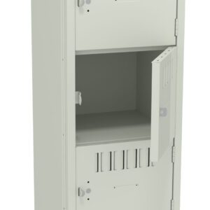A tall, light gray metal locker with four compartments stacked vertically. The second compartment from the top is open, revealing an empty interior. The locker has vents and keyholes on each door.