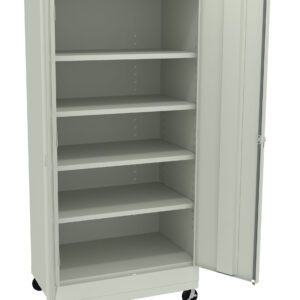 A tall, light gray metal storage cabinet with one door open, revealing five adjustable shelves inside. The cabinet is on four black wheels for mobility and has a simple, minimalist design.