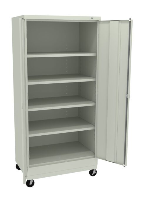 A tall, light gray metal storage cabinet with one door open, revealing five adjustable shelves inside. The cabinet is on four black wheels for mobility and has a simple, minimalist design.