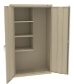 Open beige metal cabinet with two doors. Inside, it features three shelves on the left side and a tall compartment on the right, suitable for storage or organizing items. The design is simple and functional.