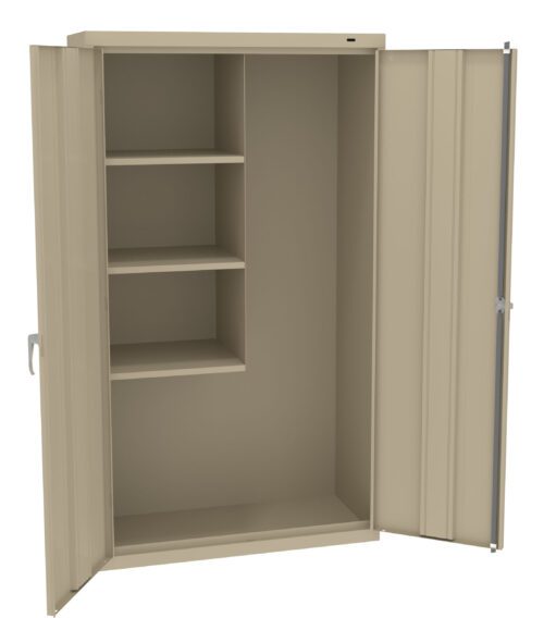 Open beige metal cabinet with two doors. Inside, it features three shelves on the left side and a tall compartment on the right, suitable for storage or organizing items. The design is simple and functional.