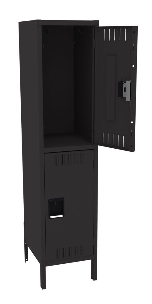 Black metal storage locker with two compartments, standing on four legs. The top compartments door is open, revealing an empty interior, while the lower compartments door is closed. The design is sleek and utilitarian.