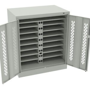 A gray metal cabinet with two open doors, revealing multiple shelves inside. Each shelf has slots with electrical outlets for charging devices. The cabinet features a lattice design on the doors for ventilation.