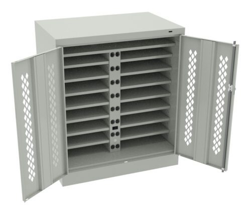 rldrwqaftpqgap5rjjsb.jpg A gray metal cabinet with two open doors, revealing multiple shelves inside. Each shelf has slots with electrical outlets for charging devices. The cabinet features a lattice design on the doors for ventilation.