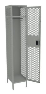 A metal locker with a lattice pattern, featuring an open door, a shelf, and a hanging rod inside. The locker stands on four legs and has a lockable handle on the door. The color is a muted gray.