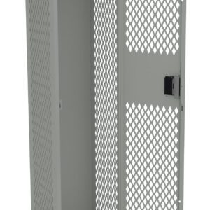 A metal locker with a lattice pattern, featuring an open door, a shelf, and a hanging rod inside. The locker stands on four legs and has a lockable handle on the door. The color is a muted gray.