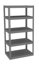 Gray metal shelving unit with five adjustable shelves. The frame features vertical perforations for custom shelf placement. The unit is empty, showcasing its utility for storage or organization purposes.