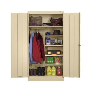 A beige storage cabinet is open, revealing shelves with various items. Coats and hats hang on the left, while shelves hold boxes, bottles, cleaning supplies, and boots. Items are neatly arranged, showcasing an organized space.