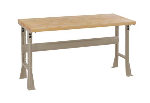 rmderhnphea4exmulxek.jpg A sturdy workbench with a light wooden top and gray metal legs. The design is simple, with a rectangular tabletop and a supportive beam connecting the legs beneath.