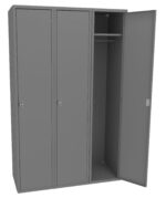Three gray metal lockers are shown, with one locker door open, revealing a hanging rod inside. The other two lockers are closed. The lockers have a simple, industrial design with small handles on each door.