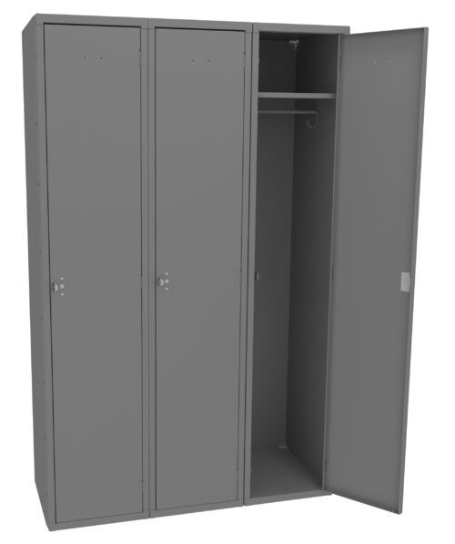 rmhsdxkqyghg5v01znje.jpg Three gray metal lockers are shown, with one locker door open, revealing a hanging rod inside. The other two lockers are closed. The lockers have a simple, industrial design with small handles on each door.