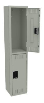 A tall, open, gray metal locker with two compartments is visible. The top section is larger, its door slightly ajar. The bottom section is smaller, also with an open door. Both compartments have simple handles and ventilation slots.