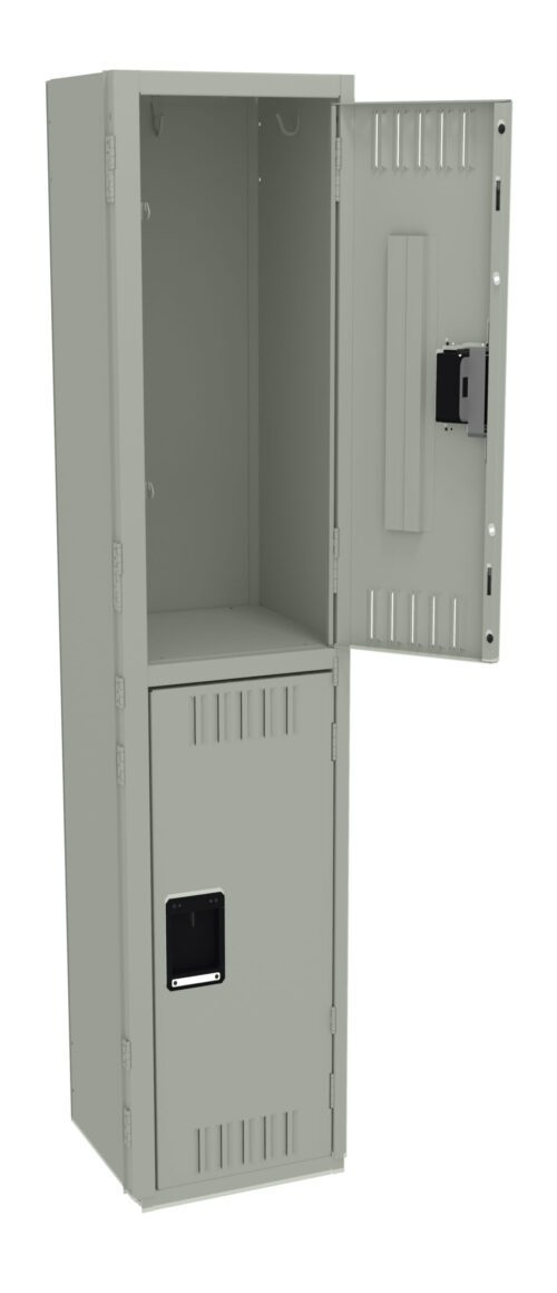 rmicsh7pesaxxn84a33p.jpg A tall, open, gray metal locker with two compartments is visible. The top section is larger, its door slightly ajar. The bottom section is smaller, also with an open door. Both compartments have simple handles and ventilation slots.