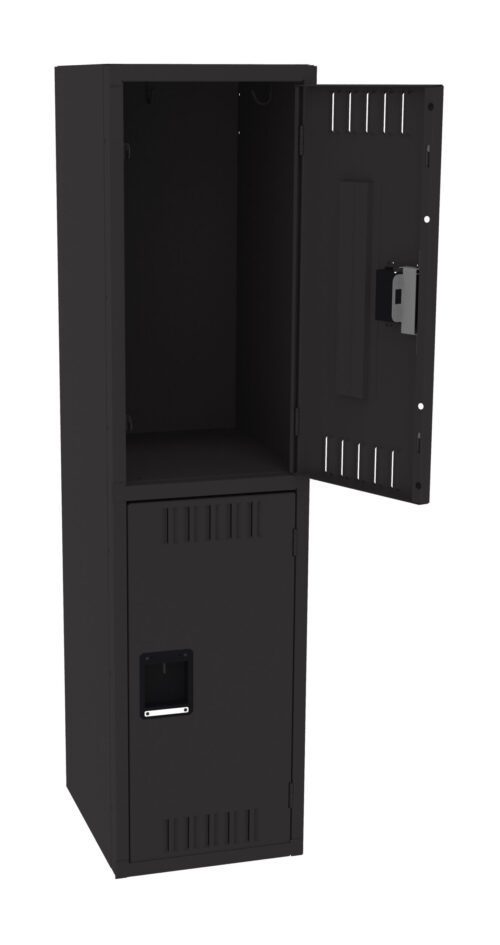 rml6ydjzqmvrwnrpaall.jpg A black metal storage locker with two compartments is shown. The top compartments door is open, revealing an empty space, while the bottom compartments door is closed. Both compartments have vertical ventilation slits.