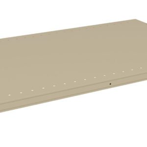 Illustration of a beige rectangular shelf with perforated edges and brackets on each corner, designed for easy mounting. The perspective shows the shelf from above, highlighting its flat surface and structural simplicity.