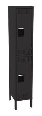 A tall, black metal locker with two compartments, each featuring a small handle. The locker stands on short legs and has a simple, robust design.