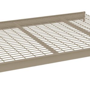 The image shows a beige metal wire shelf with a grid pattern. The shelf is rectangular and features side and back supports for stability. Its designed for storage and organization.