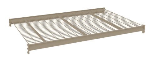 The image shows a beige metal wire shelf with a grid pattern. The shelf is rectangular and features side and back supports for stability. Its designed for storage and organization.