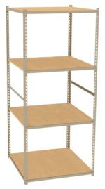 A beige metal shelving unit with four wooden shelves is pictured. The unit is empty and stands on a white background, showing its sturdy construction and open design suitable for storage.