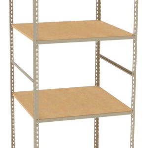 A beige metal shelving unit with four wooden shelves is pictured. The unit is empty and stands on a white background, showing its sturdy construction and open design suitable for storage.