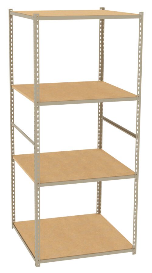 A beige metal shelving unit with four wooden shelves is pictured. The unit is empty and stands on a white background, showing its sturdy construction and open design suitable for storage.