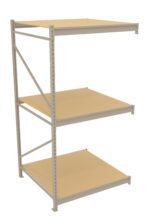 A metal shelving unit with three wooden shelves is shown. The frame is silver, and the shelves are evenly spaced. The shelving is empty and designed for storage or organization.