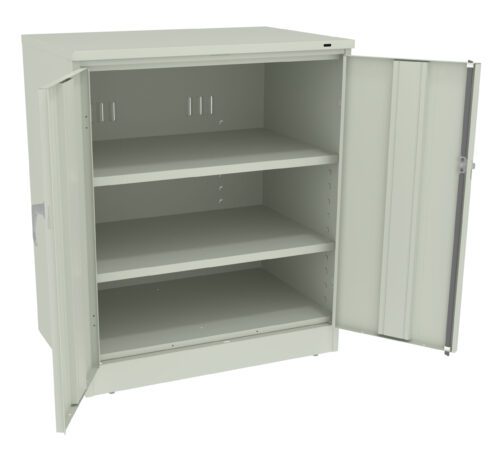 A light gray, metal storage cabinet with two open doors, revealing two shelves inside. The cabinet is empty and has a simple, industrial design.