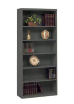 A tall, dark green bookshelf with five shelves containing various leather-bound books, a potted plant, a decorative pineapple, a porcelain vase, and a patterned plate. The items are evenly distributed across the shelves.
