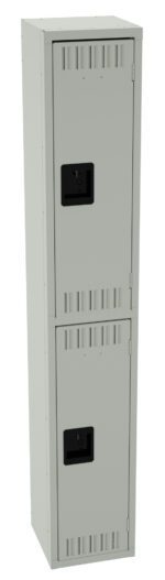A tall, light gray metal locker with two compartments, each with a black handle. The locker features ventilation slits at the top and bottom of each door.