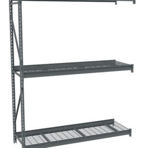 A large, dark gray metal storage rack with three adjustable wire mesh shelves. The shelves are supported by vertical beams with hole patterns, allowing height adjustments. The rack is designed for heavy-duty storage and organization.