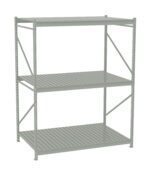A three-tier steel shelving unit with a simple, utilitarian design. Each shelf consists of horizontally oriented slats, and the structure has vertical supports and diagonal braces for stability. The shelving is empty and isolated on a white background.